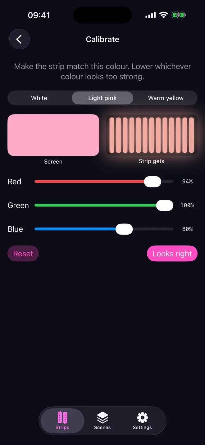 Calibrate screen comparing a light pink reference on screen with the strip, with red, green and blue trim sliders