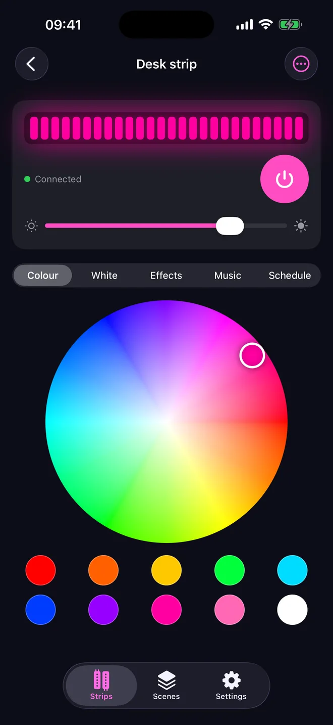 Control screen with a colour wheel, brightness slider and a glowing pink strip preview
