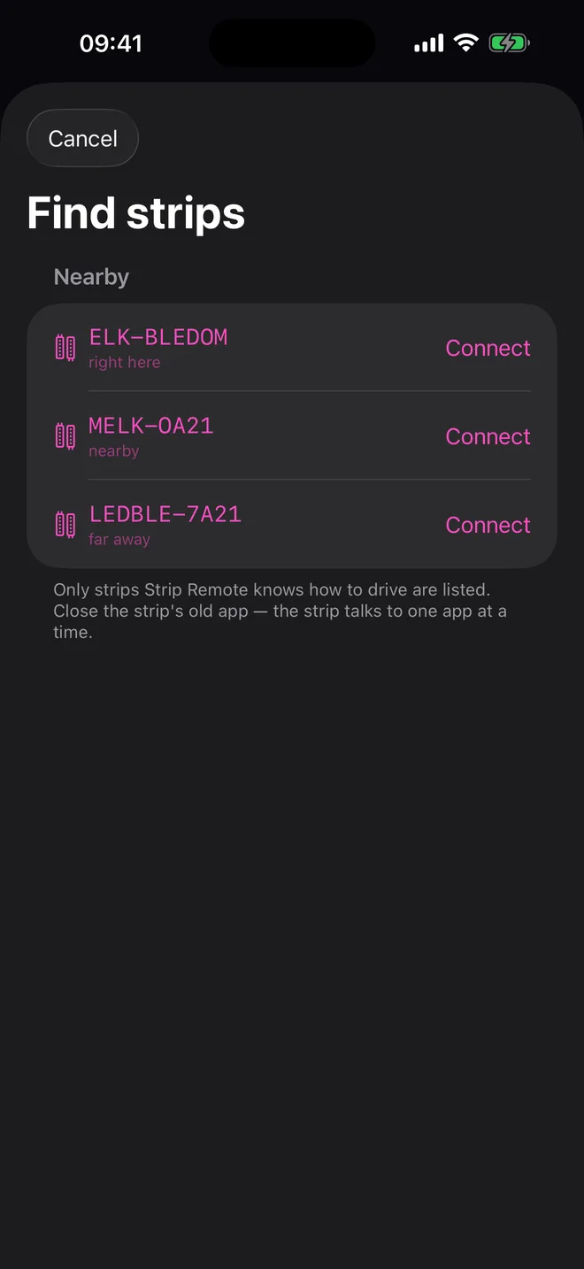 Find strips screen listing ELK-BLEDOM, MELK-OA21 and LEDBLE-7A21 with Connect buttons
