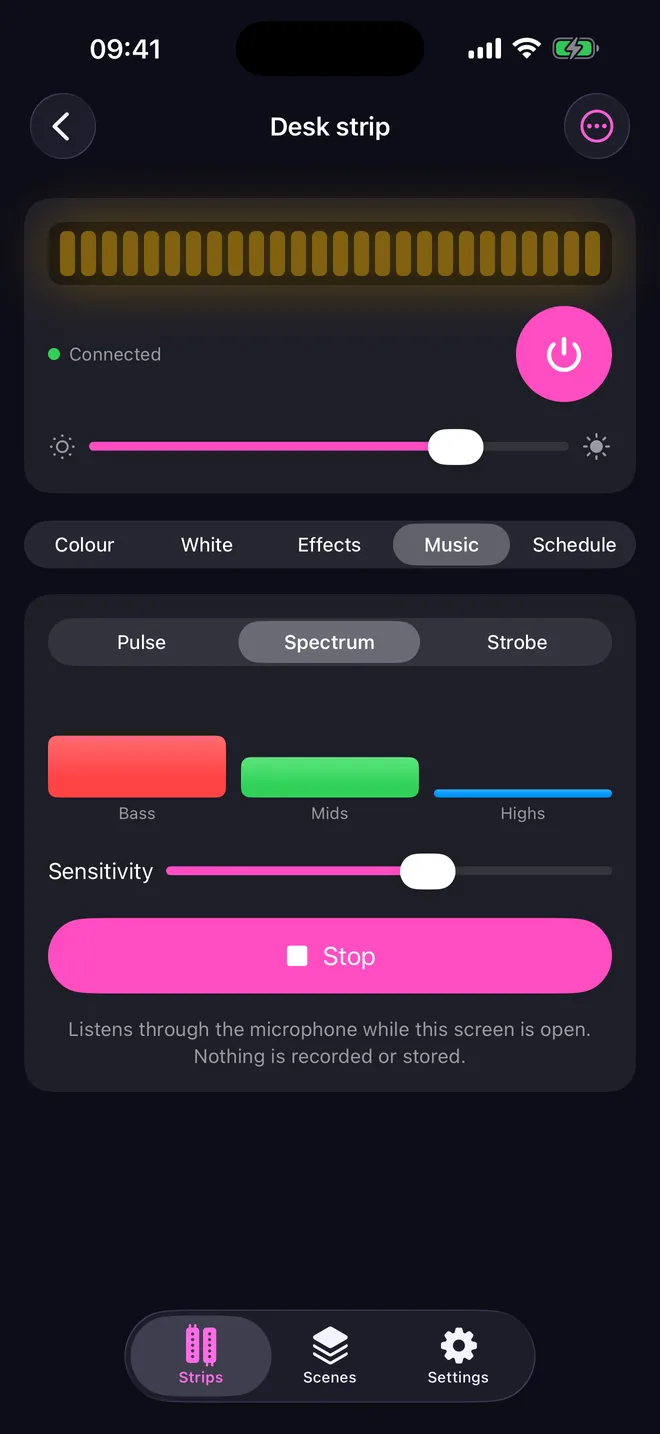 Music sync screen in Spectrum mode with bass, mids and highs meters