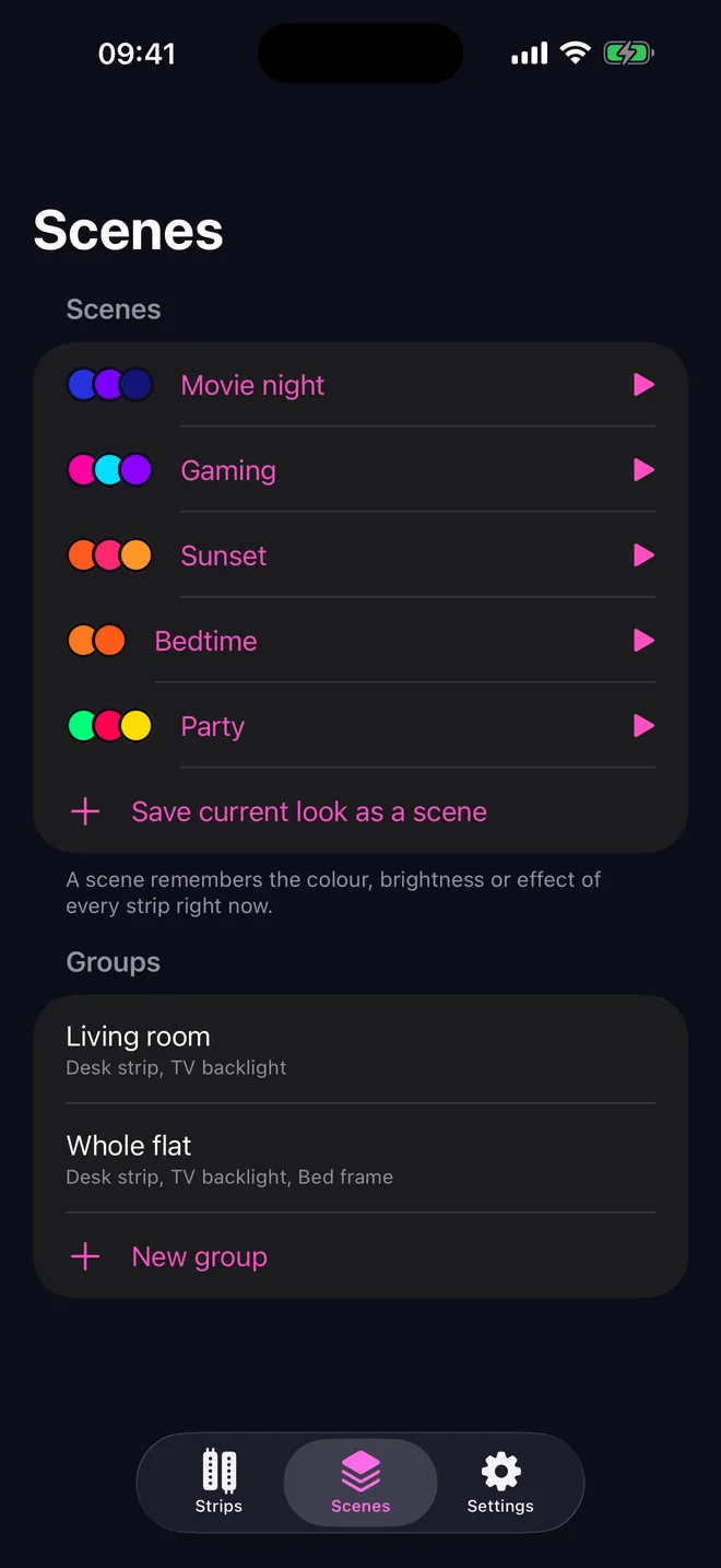 Scenes screen listing Movie night, Gaming, Sunset, Bedtime and Party, plus room groups